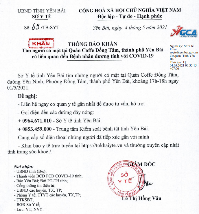 Sở Y tế thông báo khẩn tìm người có mặt tại quán Coffe Đồng Tâm, thành phố Yên Bái có liên quan đến bệnh nhân dương tính với Covid-19