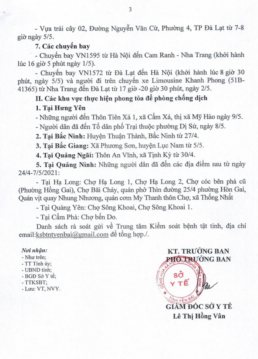 Khẩn: Yên Bái yêu cầu rà soát các trường hợp có liên quan đến bệnh nhân Covid-19 theo thông báo khẩn của Sở Y tế Hưng Yên, Quảng Ninh, Hải Dương, Hồ Chí Minh, Hòa Bình