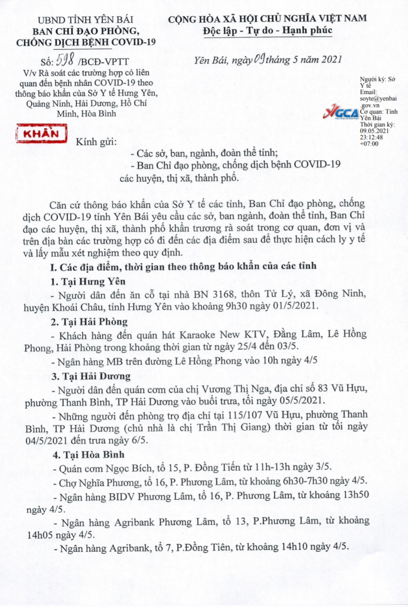 Hình ảnh tin tức Khẩn: Yên Bái yêu cầu rà soát các trường hợp có liên quan đến bệnh nhân Covid-19 theo thông báo khẩn của Sở Y tế Hưng Yên, Quảng Ninh, Hải Dương, Hồ Chí Minh, Hòa Bình
