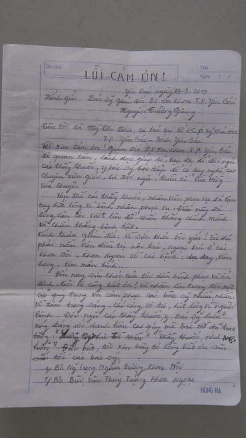 Thư cảm ơn của người bệnh điều trị tại Trung tâm Y tế thành phố Yên Bái