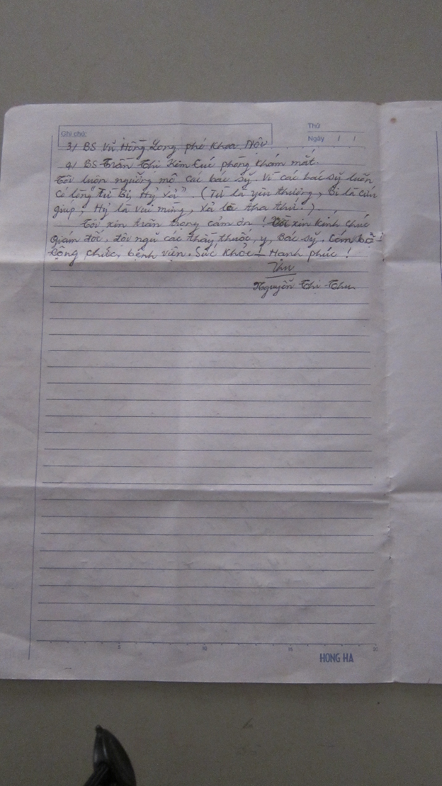 Thư cảm ơn của người bệnh điều trị tại Trung tâm Y tế thành phố Yên Bái