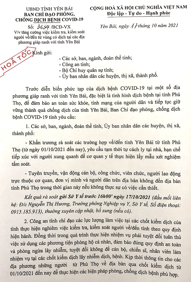 Công văn hỏa tốc 3654: Yên Bái yêu cầu tăng cường việc kiểm tra, kiểm soát người về/đến từ vùng có dịch tại các địa phương giáp ranh với tỉnh Yên Bái
