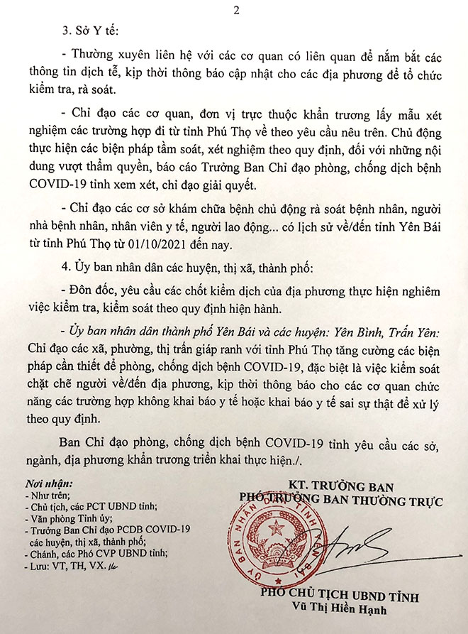 Công văn hỏa tốc 3654: Yên Bái yêu cầu tăng cường việc kiểm tra, kiểm soát người về/đến từ vùng có dịch tại các địa phương giáp ranh với tỉnh Yên Bái